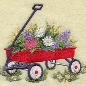 May include: A red wagon filled with a variety of colorful flowers, including purple, pink, and white. The wagon has black wheels and a black handle.