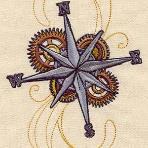 May include: A silver compass with a star-shaped design surrounded by four gears. The compass points north, south, east, and west. The gears are brown and gold with intricate details. The compass is set against a background of swirling gold lines.