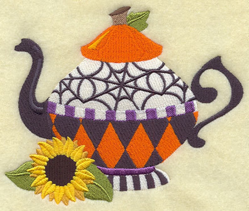 Halloween Tea Pot Embroidered Waffle Weave Hand/Dish Towel image 1