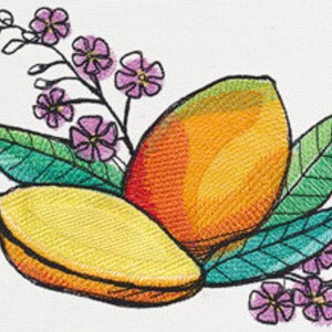 May include: A still life illustration of two mangoes with green leaves and pink flowers. The mangoes are yellow and orange with a gradient effect.