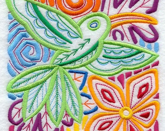 Mola Hummingbird Embroidered Waffle Weave Hand Towel
