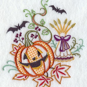 Autumn Floral Jack o Lantern Scene Embroidered Waffle Weave Hand/Dish Towel image 1