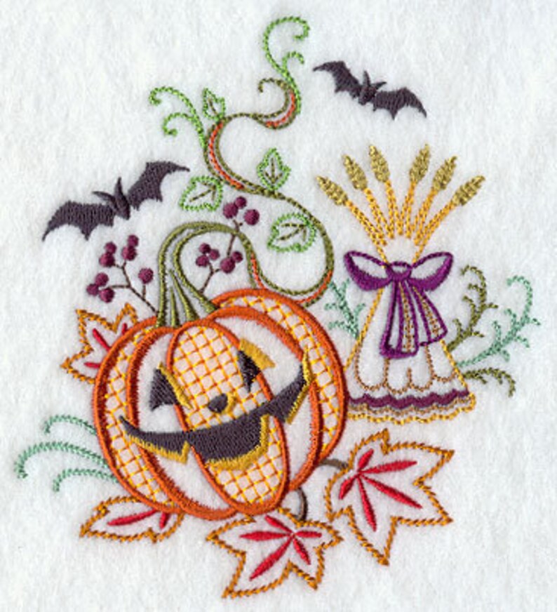 Autumn Floral Jack o Lantern Scene Embroidered Waffle Weave Hand/Dish Towel image 1