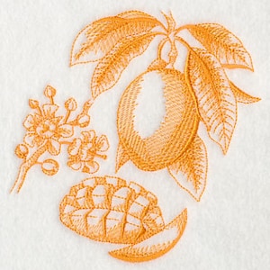May include: An orange embroidery design featuring a mango fruit with leaves, a mango seed, and a branch of mango blossoms.