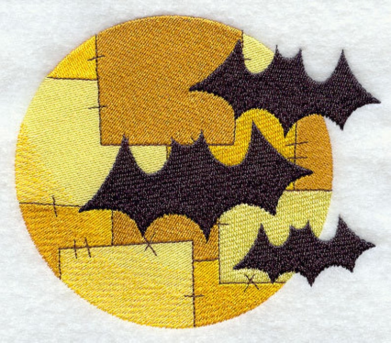 Patchwork Moon and Bats Embroidered Waffle Weave Hand/Dish Towel image 1