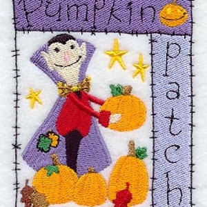 May include: A purple and white embroidered patch with a cartoon vampire holding a pumpkin. The text "Pumpkin Patch" is on the right side of the patch. There are stars and pumpkins in the background.