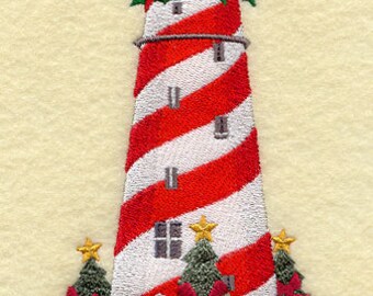 White Shoal Christmas Themed Lighthouse in Michigan Embroidered Waffle Weave Hand/Dish Towel