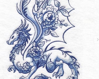 Delft Blue Dragon Embroidered Waffle Weave Hand/Dish Towel