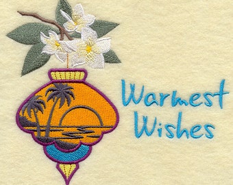 Tropical Merry Christmas Warmest Wishes Ornament Embroidered Waffle Weave Hand/Dish Towel