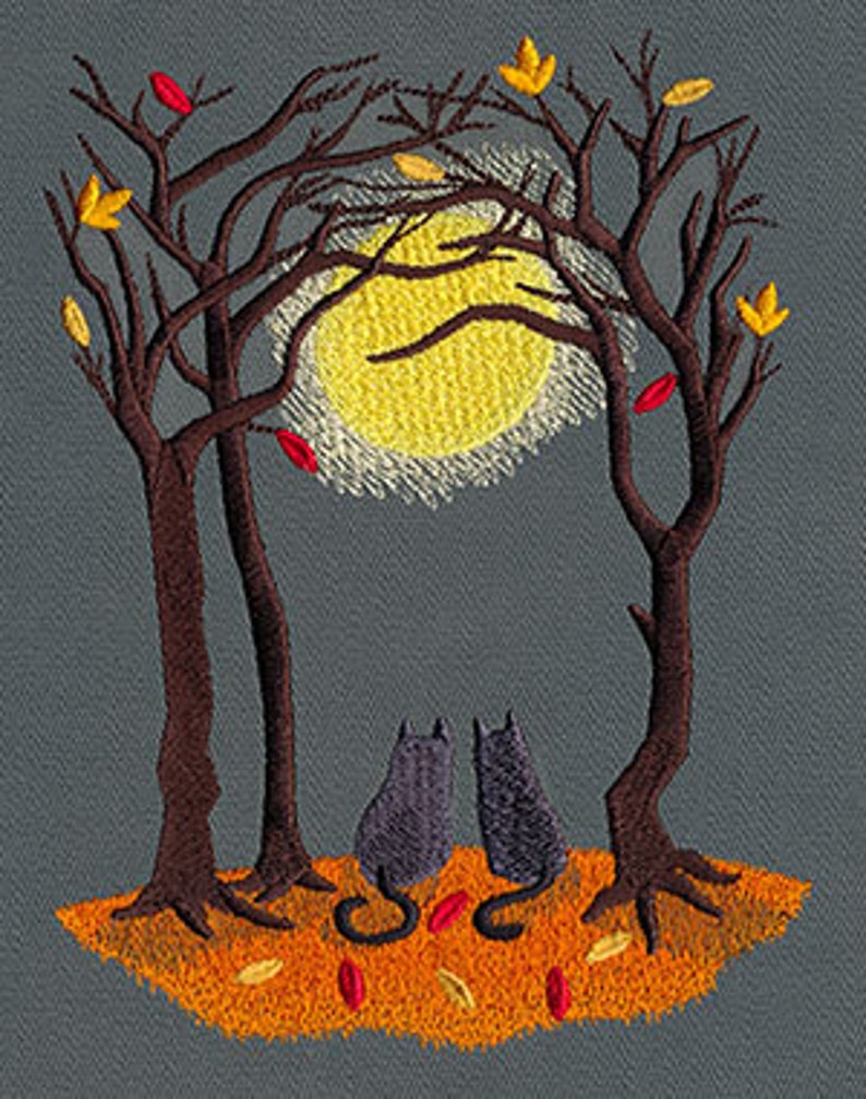 Moonlit Autumn Halloween Cats and Moon Embroidered Waffle Weave Hand/Dish Towel image 1