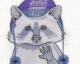 Winter Waschbär bestickt Waffel Weave Hand / Geschirr Handtuch