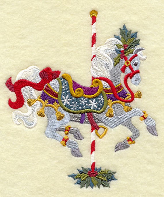 Carousel Christmas Horse Embroidered Waffle Weave Hand/Dish Towel