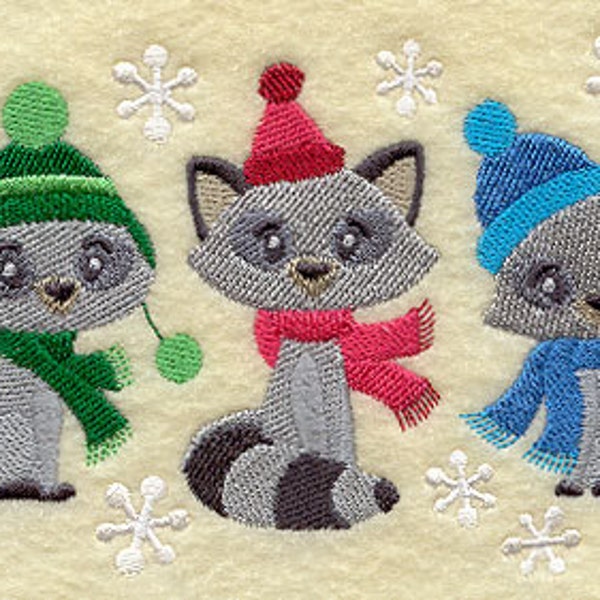 Christmas Raccoon Trio Embroidered Waffle Weave Hand/Dish Towel