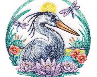 Floral Great Blue Heron Embroidered Waffle Weave Hand/Dish Towel