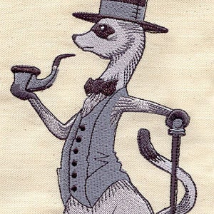 May include: A gray and white cartoon meerkat wearing a top hat, bow tie, and vest, holding a pipe in one hand and a cane in the other.