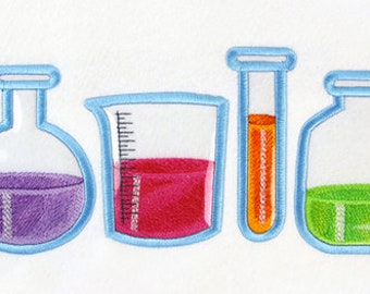 May include: Embroidered design featuring four laboratory beakers and flasks. The glassware contains purple, red, orange, and green liquids. Each piece has a light blue outline and is set against a white background. The design is likely for a science-themed craft project.