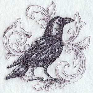 May include: A black crow with detailed feathers is perched on a decorative, swirling, purple floral design.