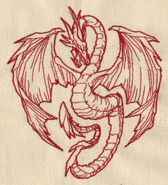 Redwork dragon embroidered flour sack handdish towel  etsy