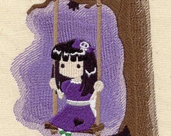 Swinging Girl with Raven - Embroidered Waffle Weave Towel