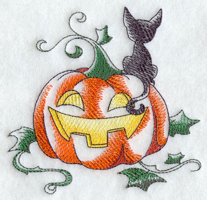 Halloween Kitty with Pumpkin Embroidered Waffle Weave Hand/Dish Towel image 1