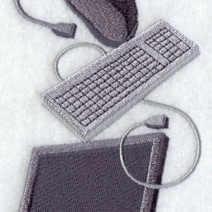 May include: A grey computer monitor, keyboard and mouse. The mouse is connected to the computer by a cord. The keyboard is on top of the monitor.