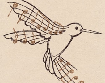Toalla de mano o de plato con tejido gofre bordado con hermoso colibrí musical