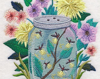 Intricate Firefly Ball Canning Jar Embroidered Waffle Weave Hand/Dish Towel