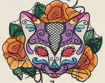 Bella Muerte - Calavera Gato Cat Sweet Skull Mexican Culture Dia De Los Muertos Embroidered Waffle Weave Hand Towel