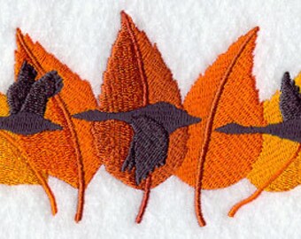 Geese Trio with Autumn Leaves Embroidered Waffle Weave Hand/Dish Towel