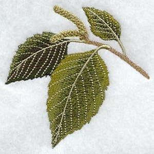 May include: A close-up of an embroidered design featuring a branch with three green leaves and two yellow catkins.