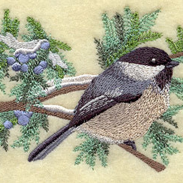 Chickadee with Juniper Boughs Embroidered Waffle Weave Hand/Dish Towel