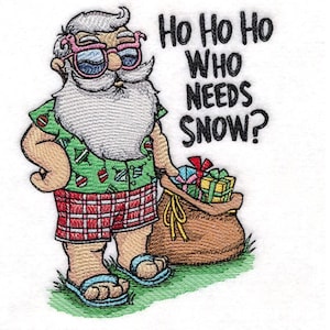 May include: A cartoon Santa Claus wearing sunglasses, a Hawaiian shirt, and shorts is holding a bag of presents. The text "Ho Ho Ho Who Needs Snow?" is written above him.