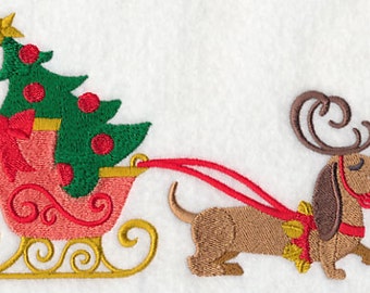 Sleigh and Dog Embroidered Waffle Weave Hand/Dish Towel