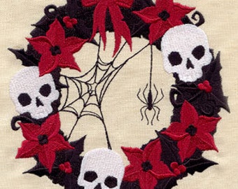 Gothic Dark Christmas Skull Wreath Embroidered Waffle Weave Hand/Dish Towel