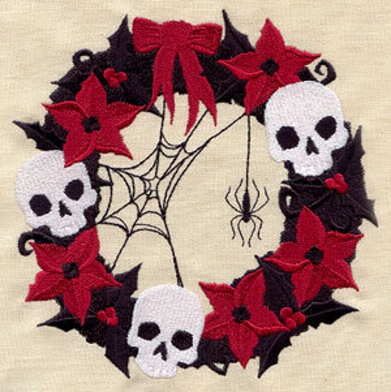 Gothic Dark Christmas Skull Wreath Embroidered Waffle Weave Hand/Dish Towel