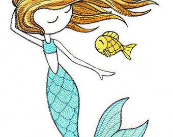 Summer Breeze Mermaid with Fish Embroidered waffle weave Hand/Dish Towel