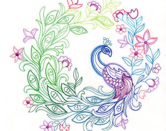 Floral Elegance Peacock Embroidered Waffle Weave Hand/Dish Towel