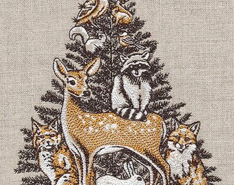 Woodland Christmas Critters Baum bestickte Waffel Weave Hand / Geschirrtuch