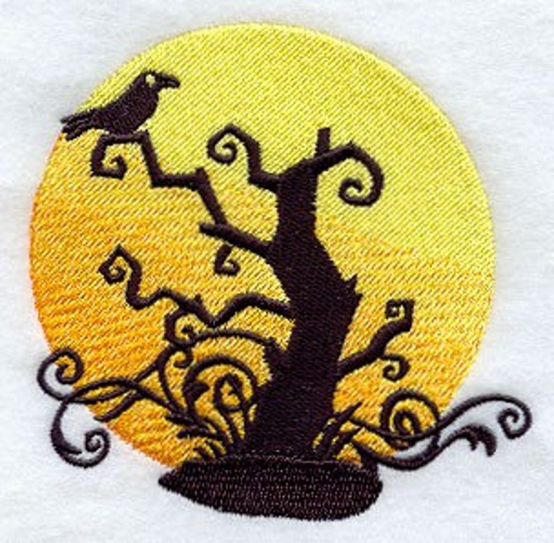 Halloween Raven Moon and Tree Edgar Allan Poe Embroidered Waffle Weave Towel image 1