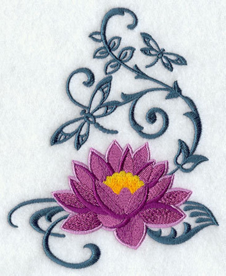 Lotus and Dragonfly Embroidered Waffle Weave Hand/Dish Towel image 1