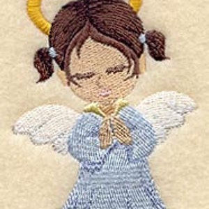 May include: Embroidered image of a young angel with brown hair in pigtails, a gold halo, and white wings. The angel wears a light blue dress and has its hands clasped in prayer. The background is a light beige color.