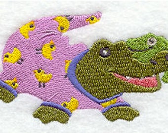 Alligator Crocodile in Pajamas PJs Embroidered Waffle Weave Hand/Dish Towel