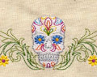 Calavera Skull Mexican Culture Dia De Los Muertos Flowered Skull Border Embroidered Waffle Weave Hand Towel