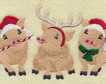 Christmas Pig Trio Embroidered Waffle Weave Towel