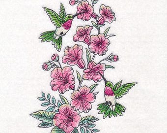 Hummingbirds with Pink Flowers Embroidered Waffle Weave Hand/Dish Towel