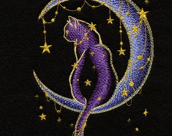 Under the Stars Moonlit Autumn Halloween Cat and Moon Embroidered Waffle Weave Hand/Dish Towel
