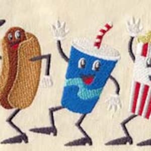 May include: Three cartoon characters, a hot dog wearing a top hat, a blue and white cup with a straw, and a red and white striped popcorn bucket, are dancing together.