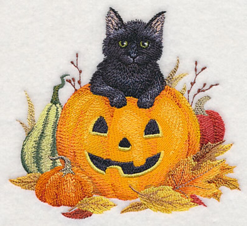 Too Cute to Spook Black Kitty and Jack-o-Lantern Embroidered Waffle Weave Hand/Dish Towel image 1