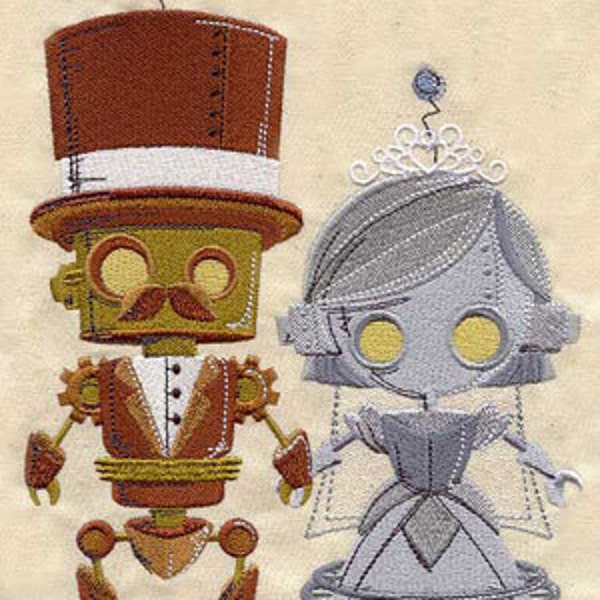 Steampunk Robot Bride and Groom Couple Wedding Towel Embroidered Waffle Weave Towel