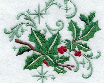 Christmas Holly with Echoes Embroidered Waffle Weave Hand/Dish Towel